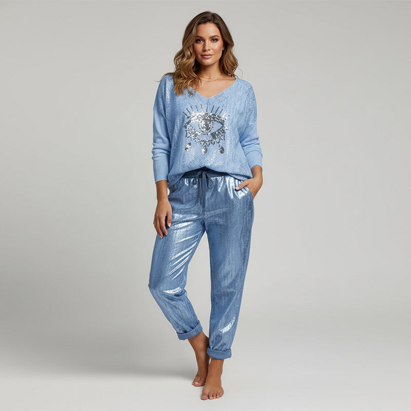 🌷LETZTER TAG DES SALE 50 % RABATT⏰Set aus Oberteil mit Goldfolie „Devil's Eye“ und Paillettenhose