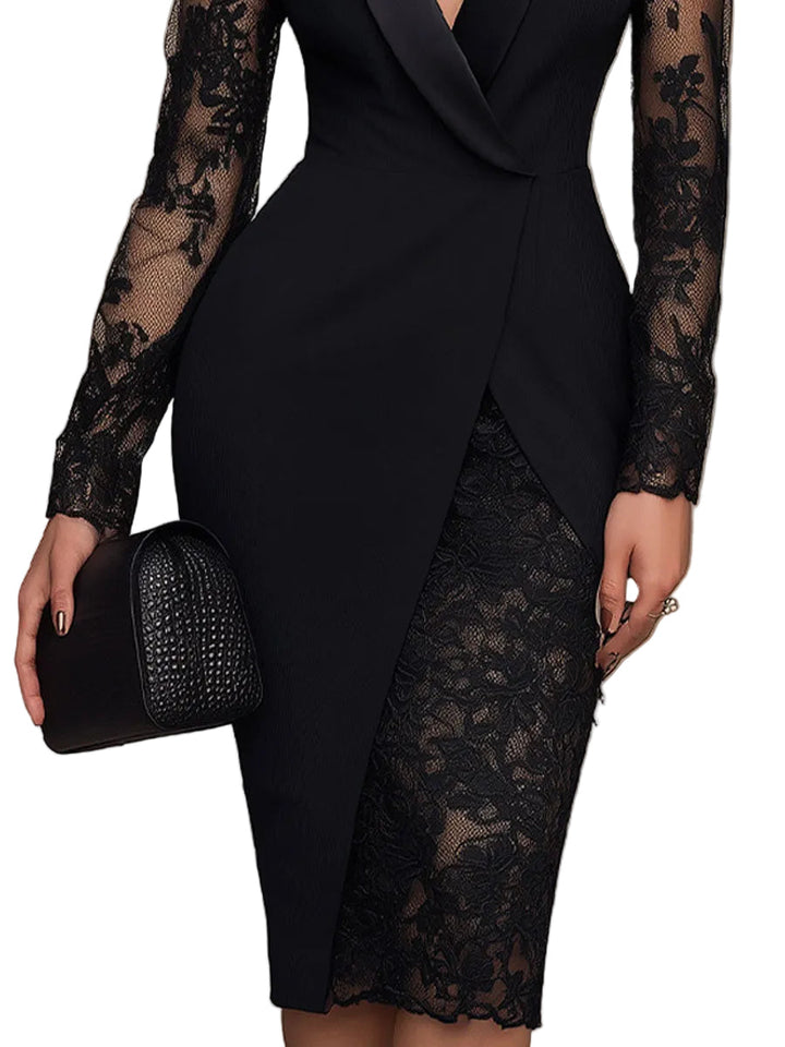 Camila - Sophisticated Black Blazer-Style Lace Midi Dress