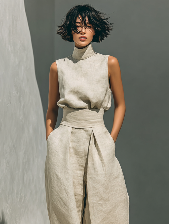 Set di Blusa Senza Maniche e Pantaloni a Gamba Larga in Cotone e Lino Minimalista per Donna MDZ0873A5Y