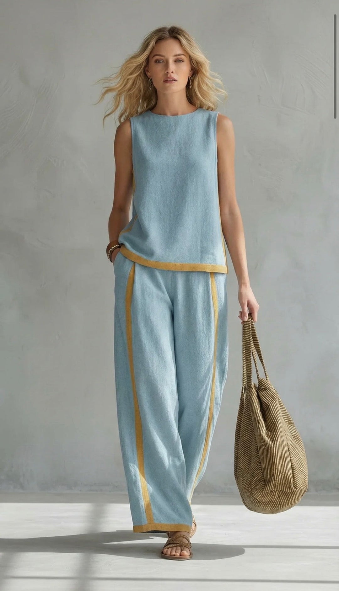 Leila - Elegante e casual completo di gilet e pantaloni in cotone e lino grigio con bordi in due tonalità.