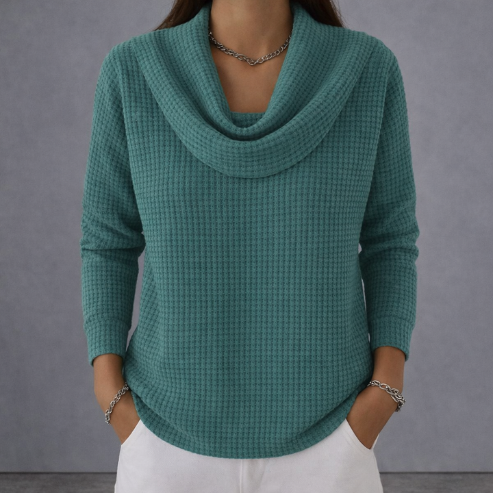 Elegant Waffle Knit Sweater with Waterfall Neck
