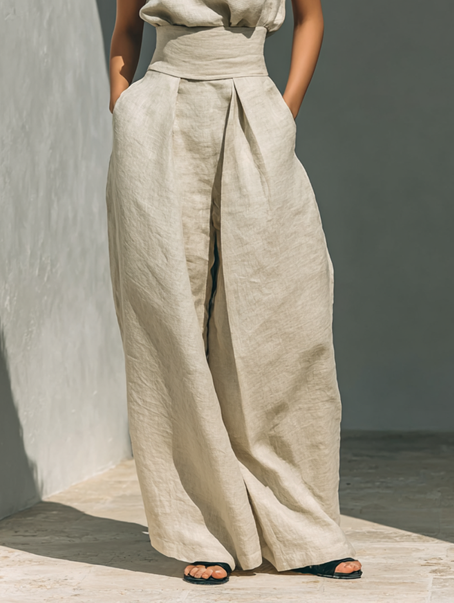 Set di Blusa Senza Maniche e Pantaloni a Gamba Larga in Cotone e Lino Minimalista per Donna MDZ0873A5Y