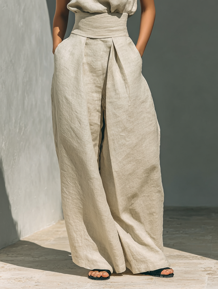Set di Blusa Senza Maniche e Pantaloni a Gamba Larga in Cotone e Lino Minimalista per Donna MDZ0873A5Y