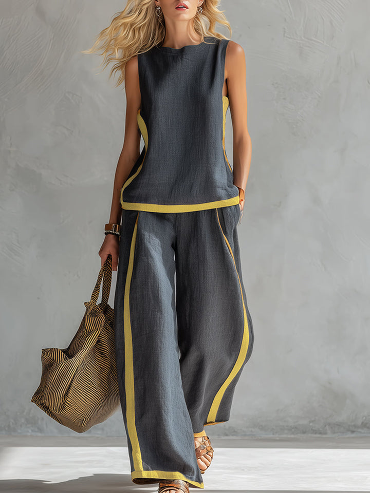 Leila - Elegante e casual completo di gilet e pantaloni in cotone e lino grigio con bordi in due tonalità.