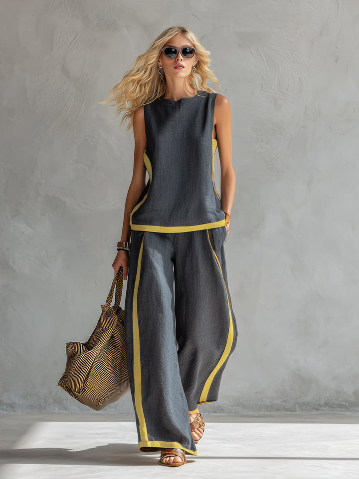 Leila - Elegante e casual completo di gilet e pantaloni in cotone e lino grigio con bordi in due tonalità.