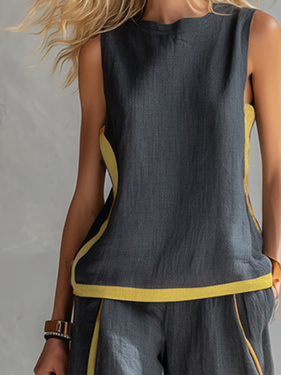 Leila - Elegante e casual completo di gilet e pantaloni in cotone e lino grigio con bordi in due tonalità.