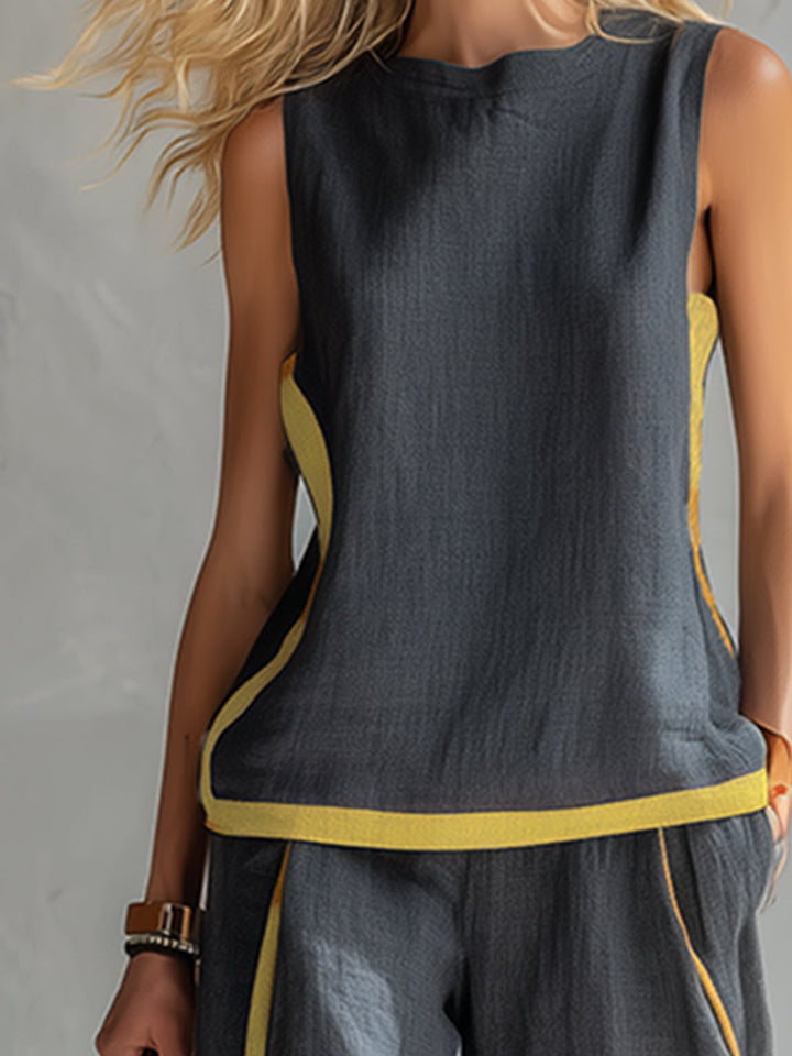 Leila - Elegante e casual completo di gilet e pantaloni in cotone e lino grigio con bordi in due tonalità.