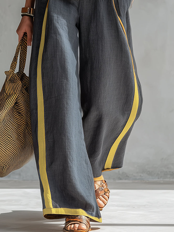 Leila - Elegante e casual completo di gilet e pantaloni in cotone e lino grigio con bordi in due tonalità.