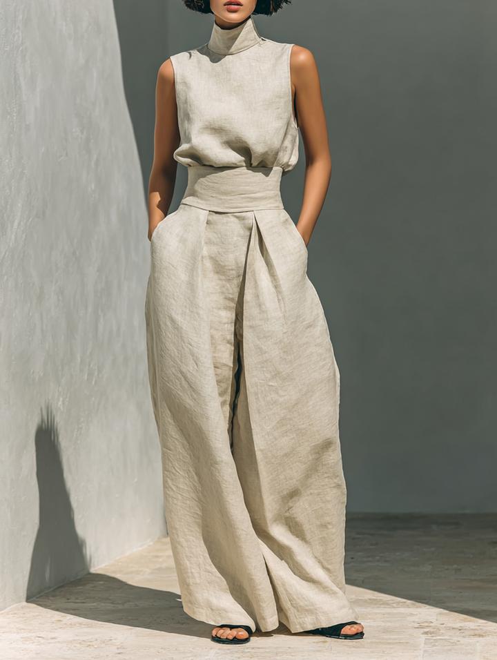 Set di Blusa Senza Maniche e Pantaloni a Gamba Larga in Cotone e Lino Minimalista per Donna MDZ0873A5Y