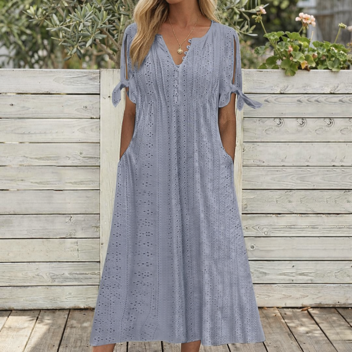 Eliana - V-Neck Lace Trim Knee-Length Dress