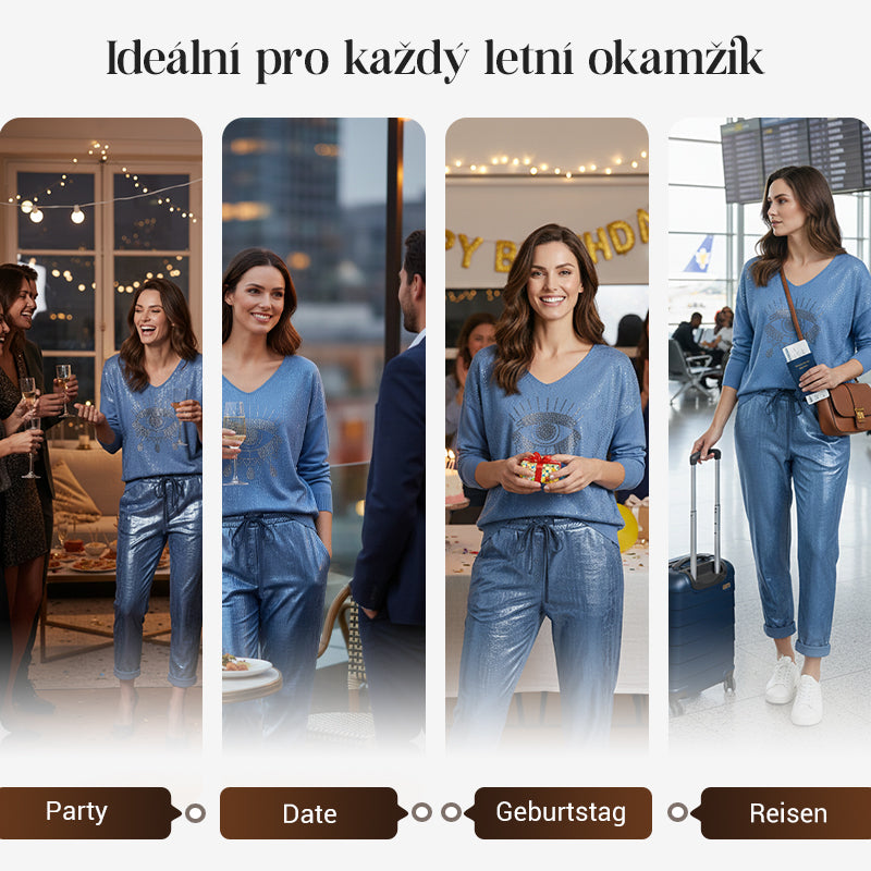 🌷LETZTER TAG DES SALE 50 % RABATT⏰Set aus Oberteil mit Goldfolie „Devil's Eye“ und Paillettenhose