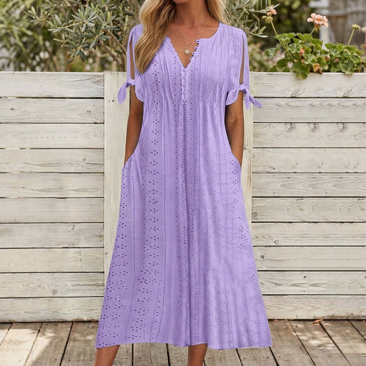 Eliana - V-Neck Lace Trim Knee-Length Dress
