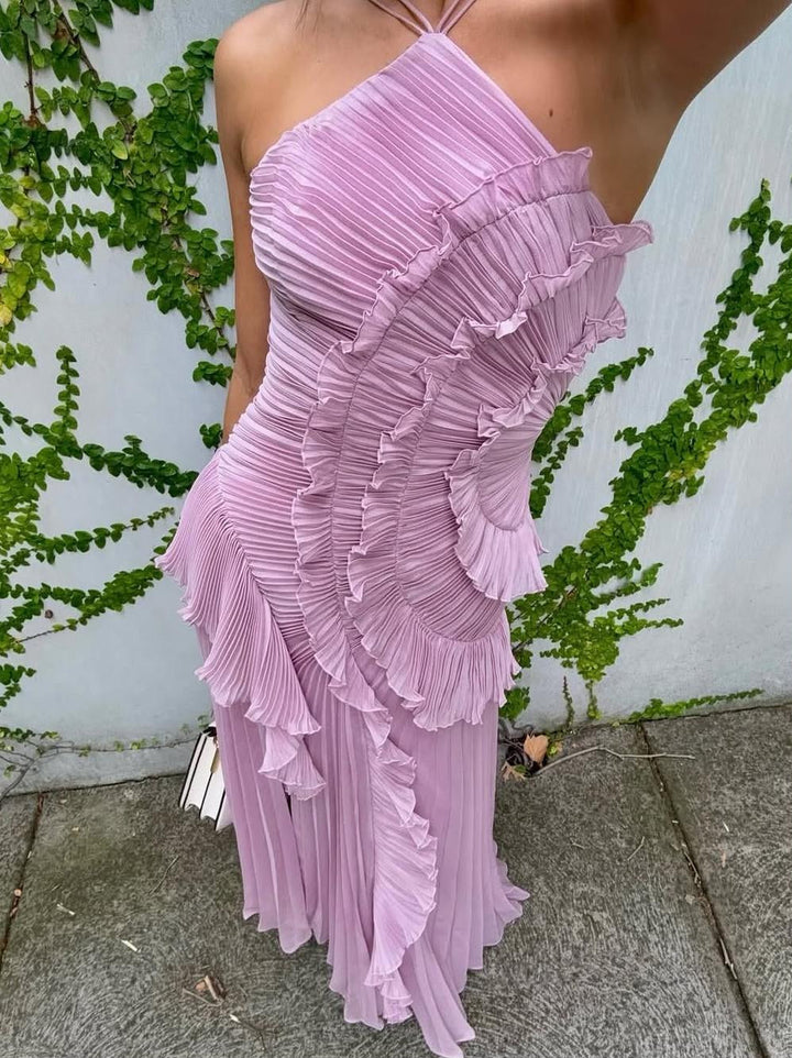 VESTIDO CON VOLANTES ESCOTE HALTER - Veska 