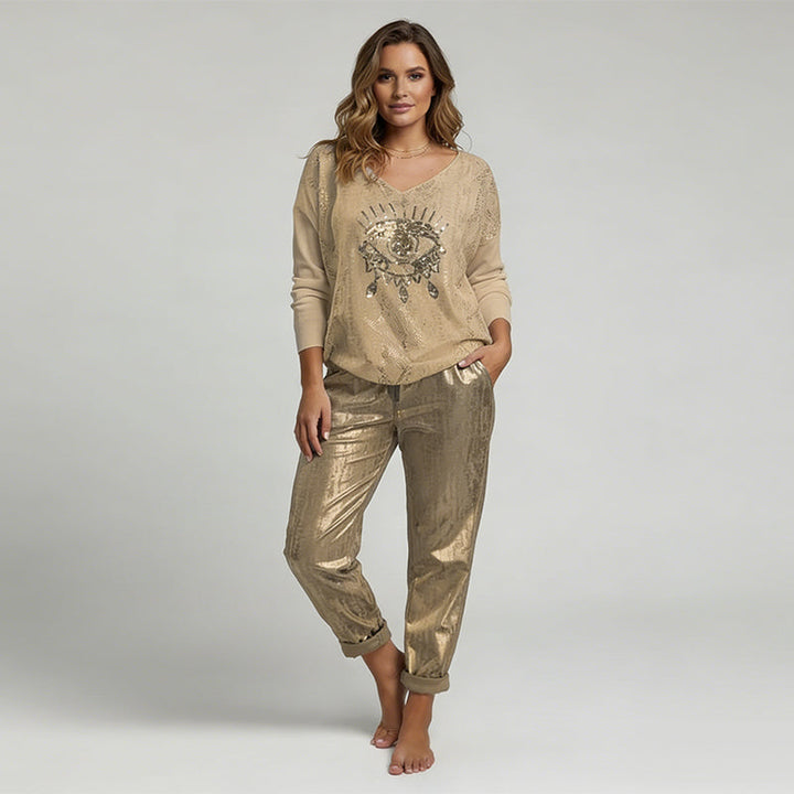 🌷LETZTER TAG DES SALE 50 % RABATT⏰Set aus Oberteil mit Goldfolie „Devil's Eye“ und Paillettenhose