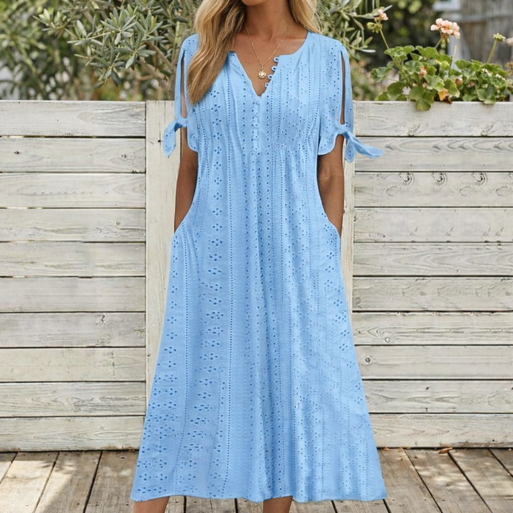 Eliana - V-Neck Lace Trim Knee-Length Dress