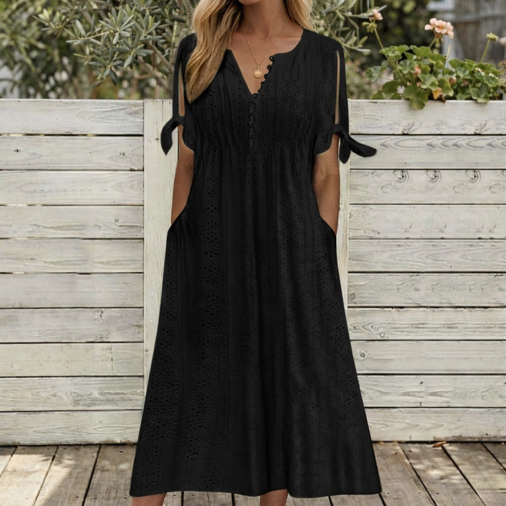 Eliana - V-Neck Lace Trim Knee-Length Dress