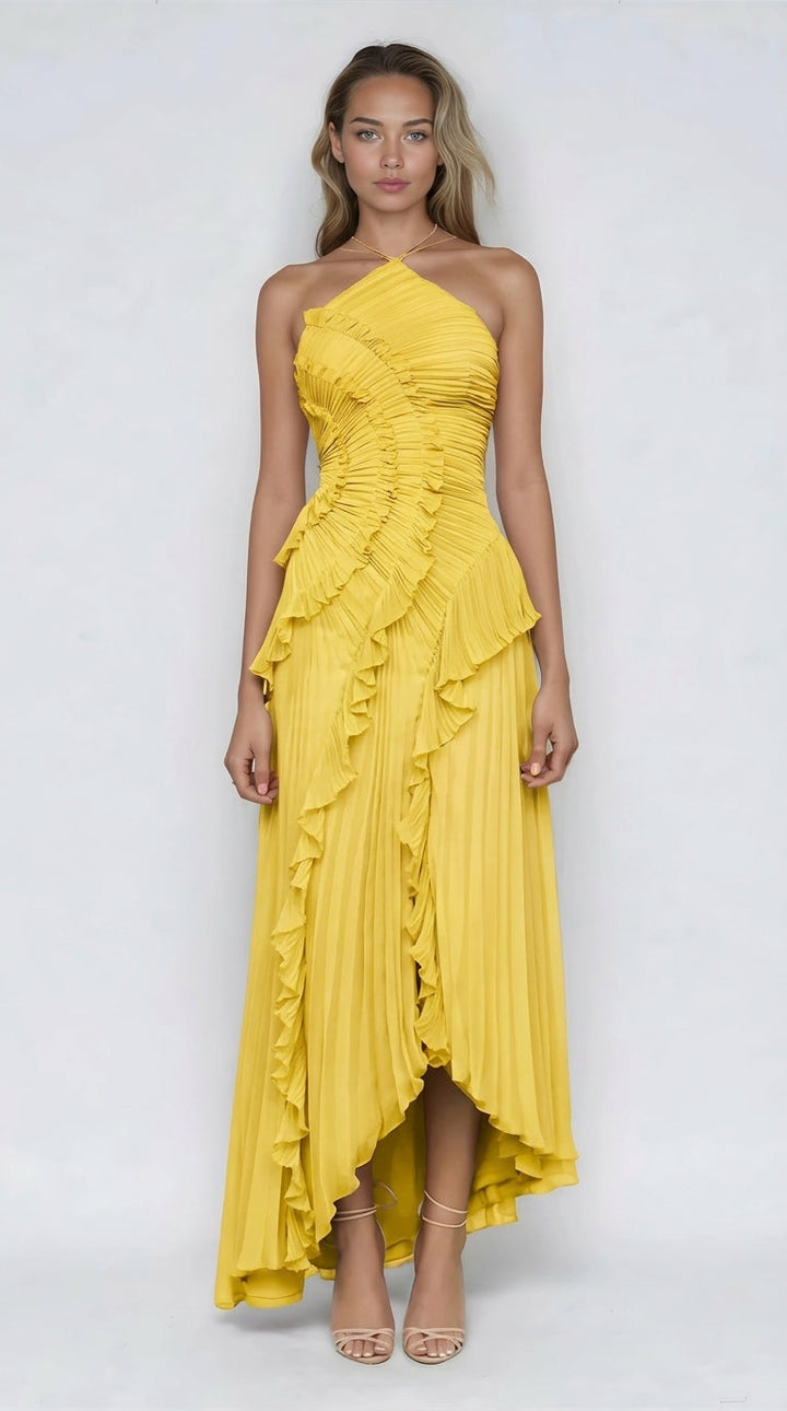 Vestido amarillo de Veska Isadora I con volantes, edición limitada, vestido de moda femenina con detalles elegantes.