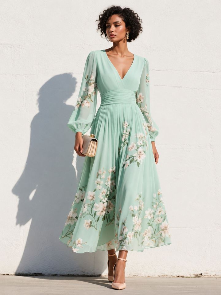 Luciana | Mint Green Pleated Chiffon Maxi Dress with Floral Print