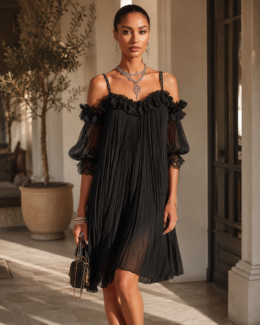 Jolene | Black Off-Shoulder Chiffon Mini Dress with Lace Trim