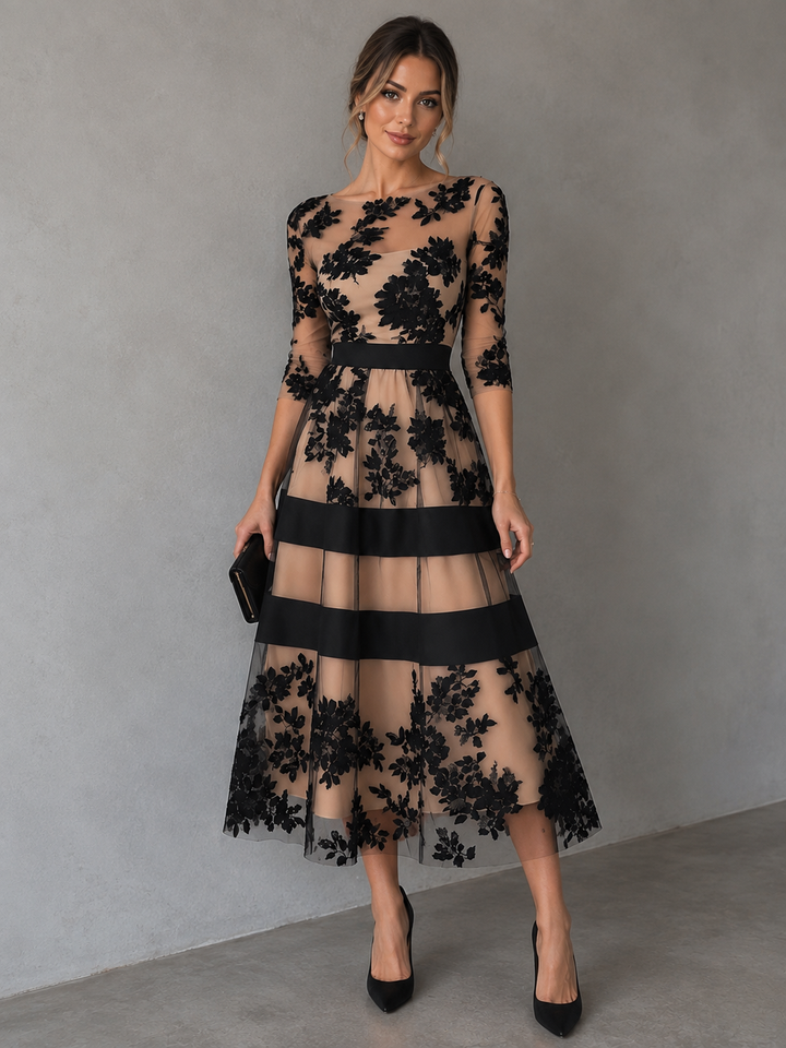 Rosalinda | Elegant Black Lace A-Line Midi Dress
