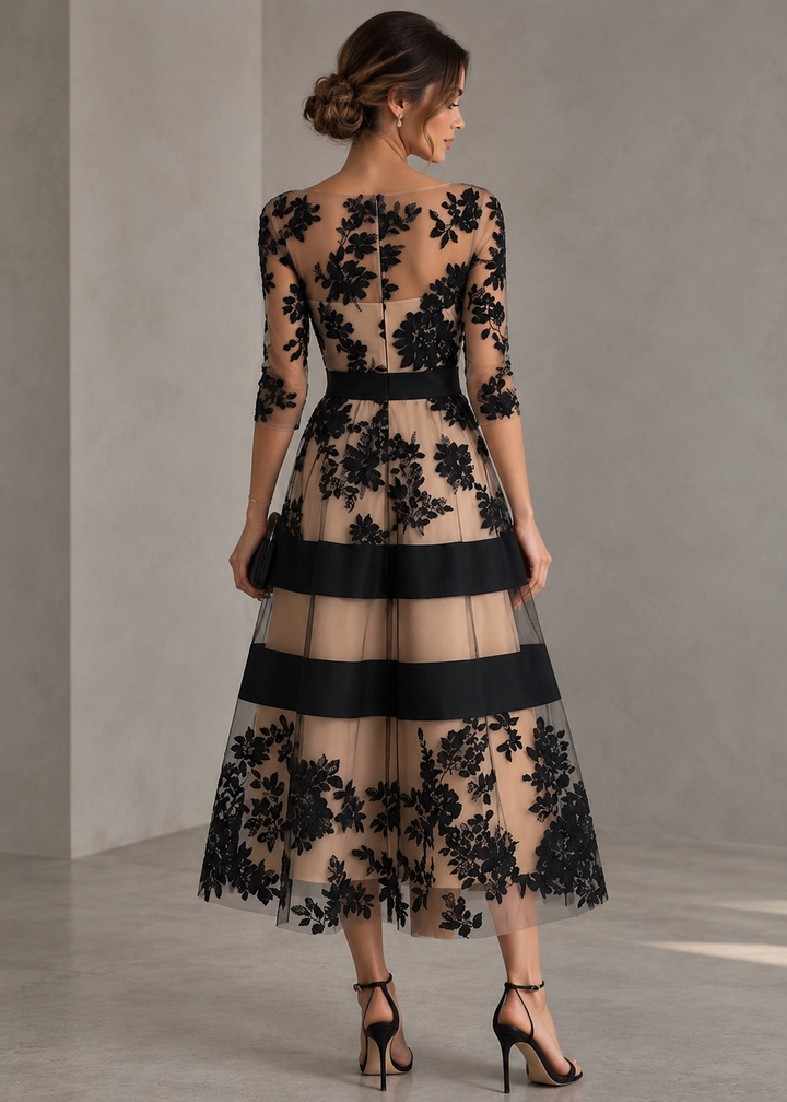 Rosalinda | Elegant Black Lace A-Line Midi Dress
