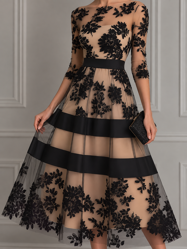 Rosalinda | Elegant Black Lace A-Line Midi Dress