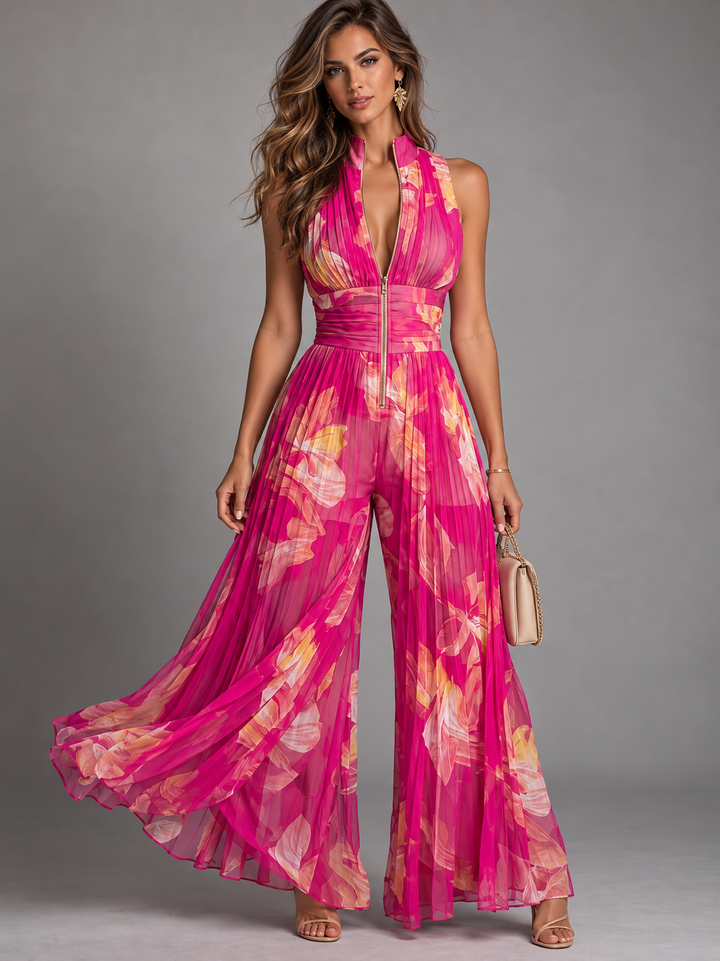 Valentina Jumpsuit | Fuchsia Floral Pleated Chiffon