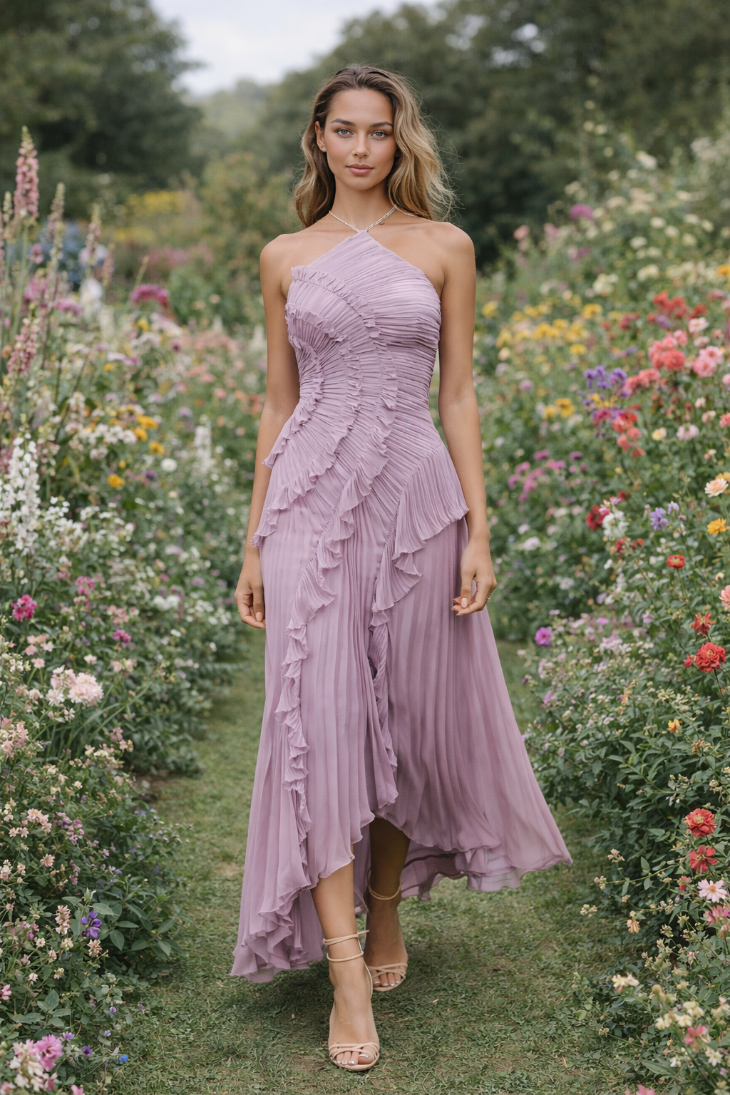 VESTIDO CON VOLANTES ESCOTE HALTER - Veska 