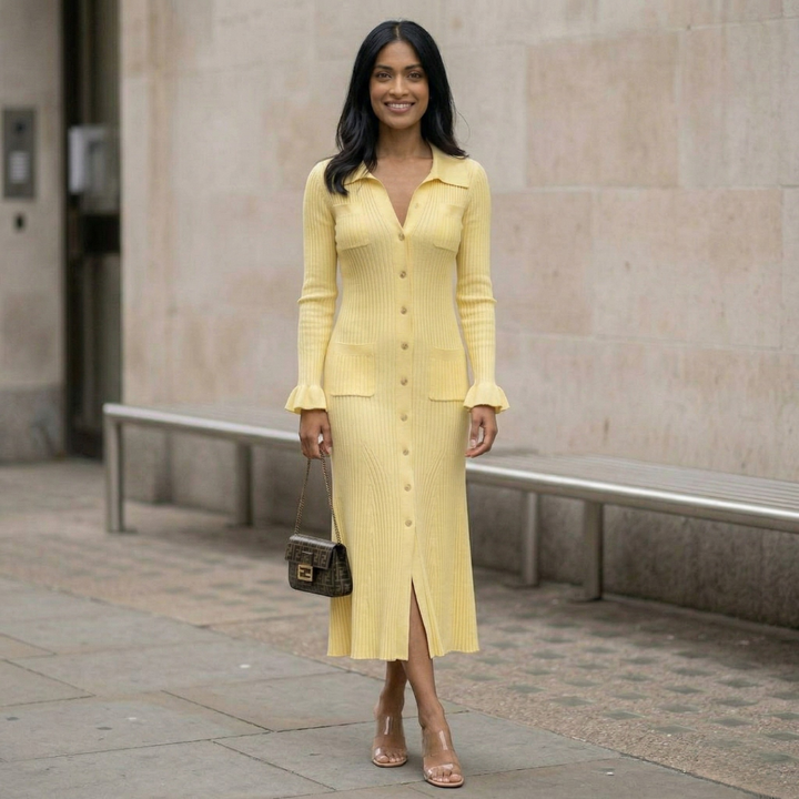 Victoria – Elegant Knitted Maxi Dress with Polo Collar