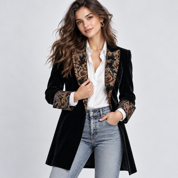 Felicity – Elegant Black Blazer with Baroque Print