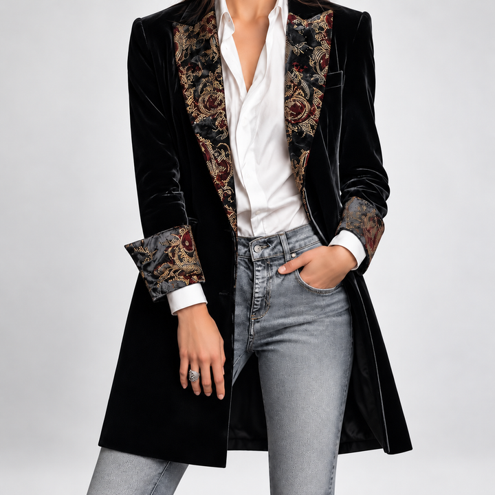 Felicity – Elegant Black Blazer with Baroque Print