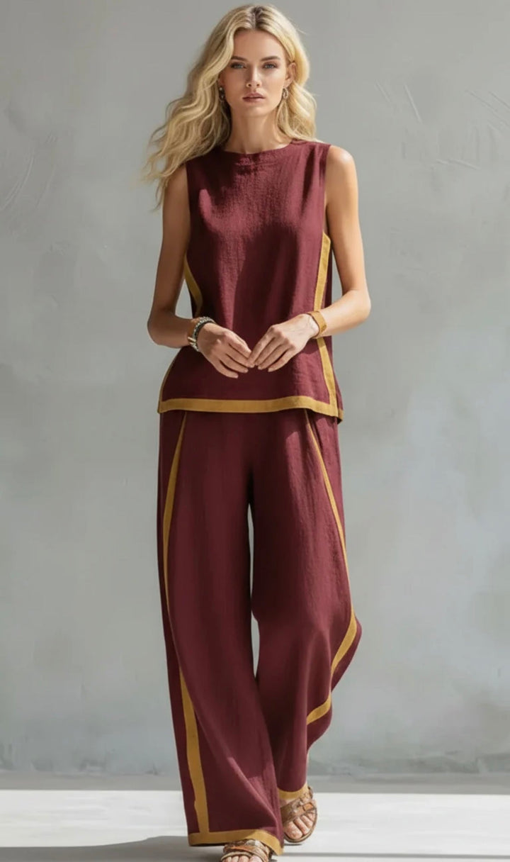 Leila - Elegante e casual completo di gilet e pantaloni in cotone e lino grigio con bordi in due tonalità.