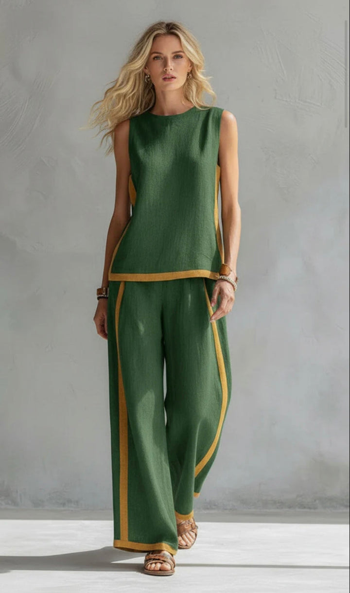 Leila - Elegante e casual completo di gilet e pantaloni in cotone e lino grigio con bordi in due tonalità.