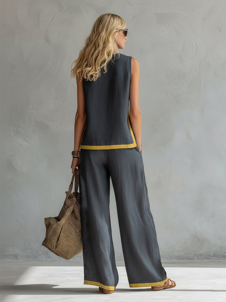 Leila - Elegante e casual completo di gilet e pantaloni in cotone e lino grigio con bordi in due tonalità.