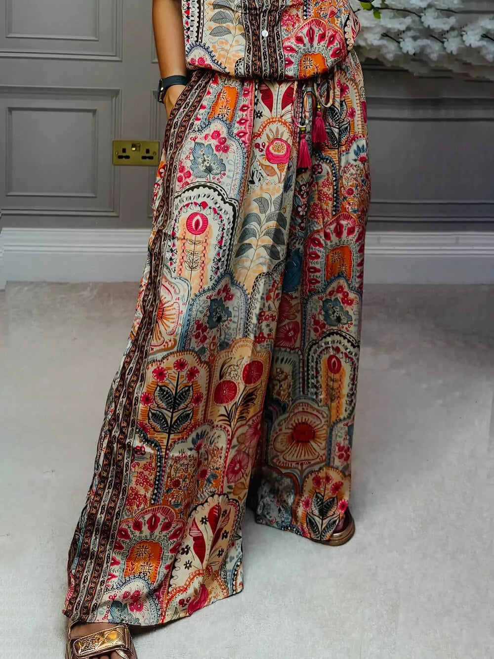 Dakota™ Boho Print Tassel Detail Elastic Waist Wide-Leg Pants with Pockets