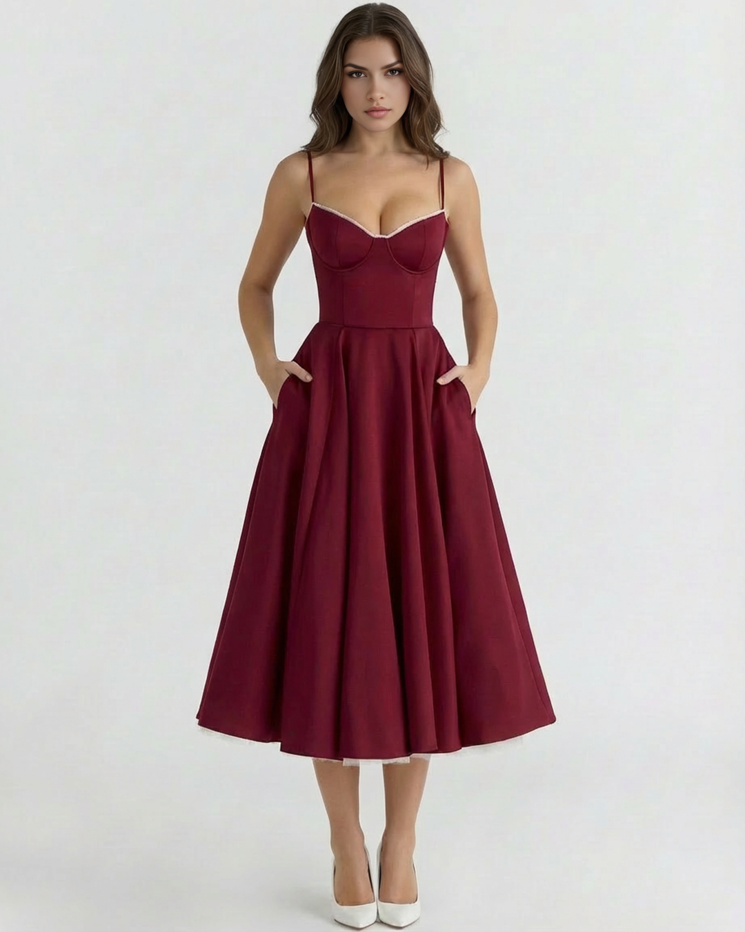 Evangeline | Blush Pink Midi Dress with Tulle Layers and Secret Pockets