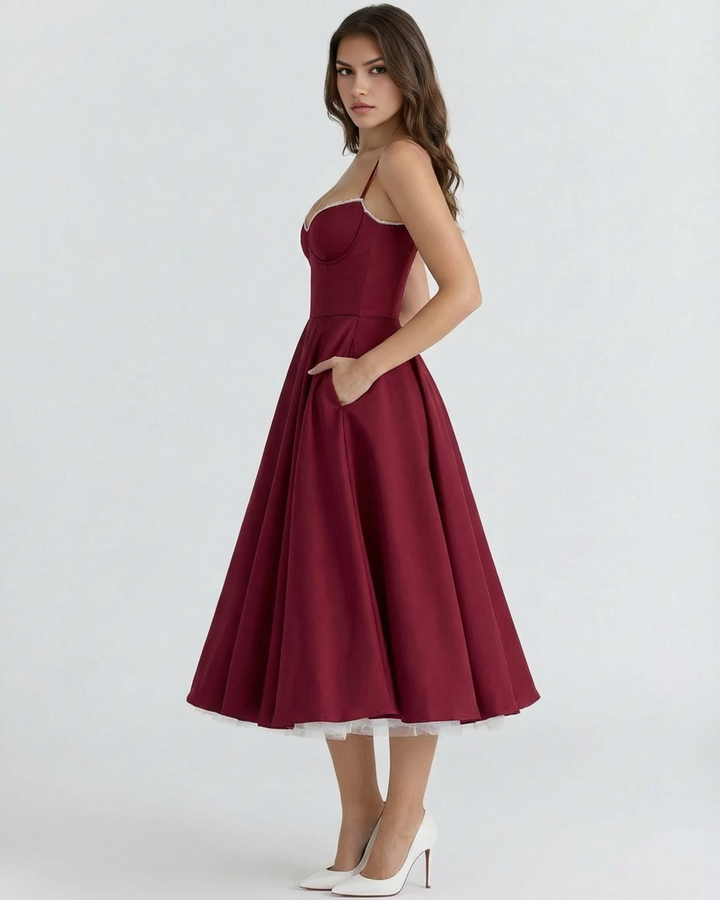 Evangeline | Blush Pink Midi Dress with Tulle Layers and Secret Pockets