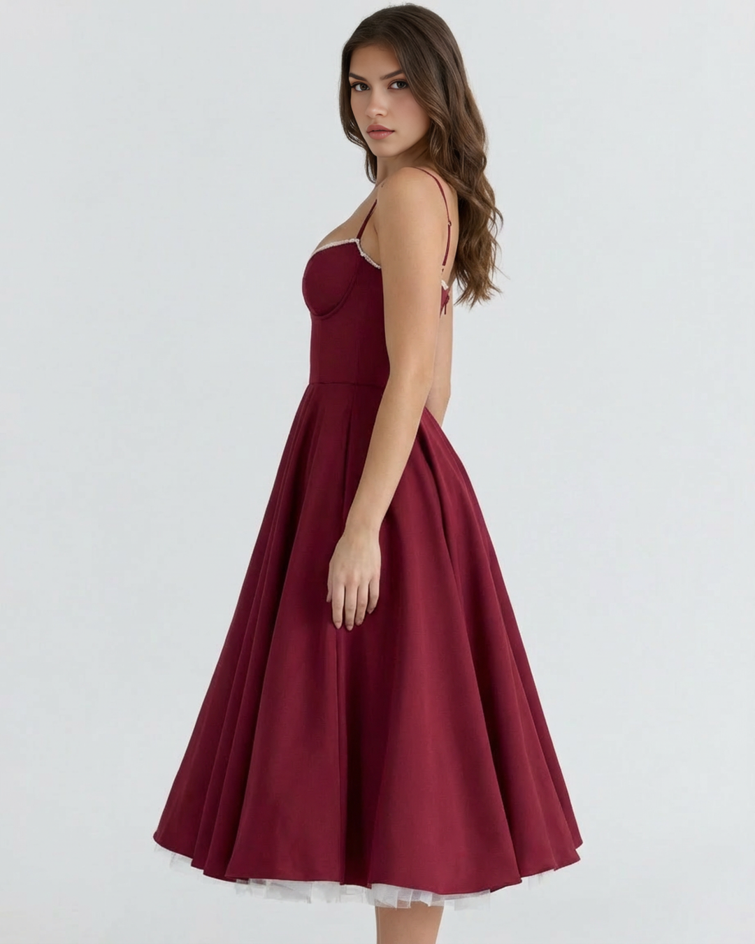 Evangeline | Blush Pink Midi Dress with Tulle Layers and Secret Pockets