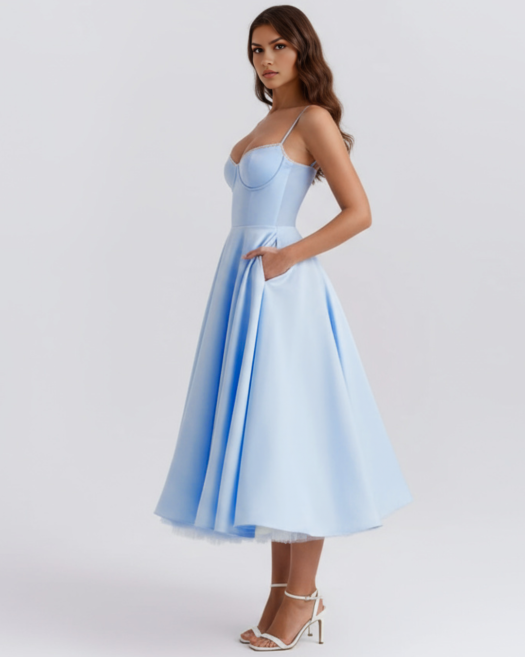 Evangeline | Blush Pink Midi Dress with Tulle Layers and Secret Pockets