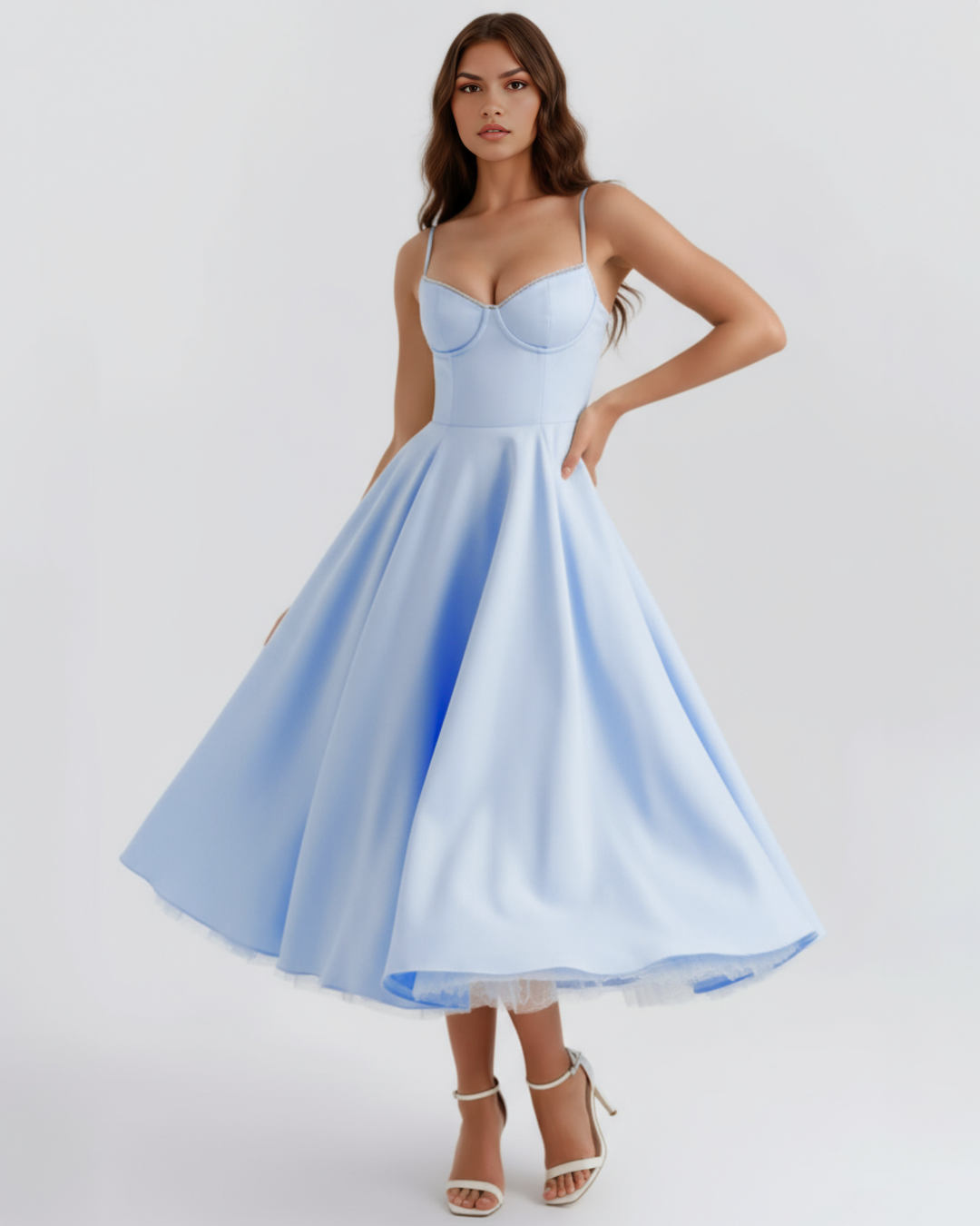 Evangeline | Blush Pink Midi Dress with Tulle Layers and Secret Pockets