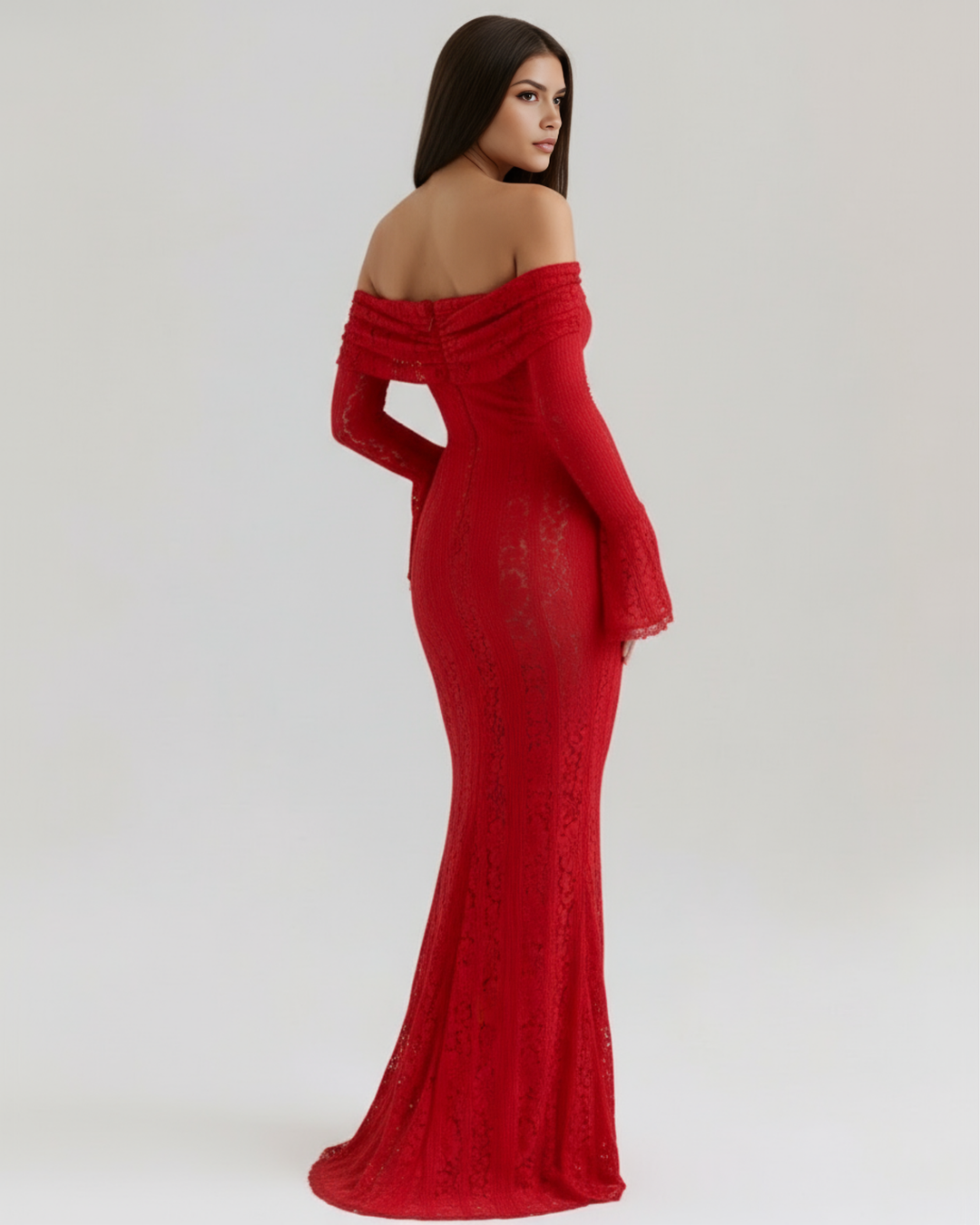 Celestina | Black Lace Maxi Dress with Off-Shoulder Neckline & Sweeping Godet