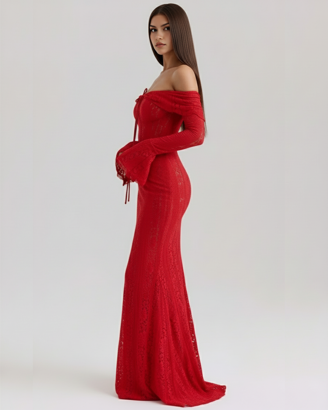 Celestina | Black Lace Maxi Dress with Off-Shoulder Neckline & Sweeping Godet