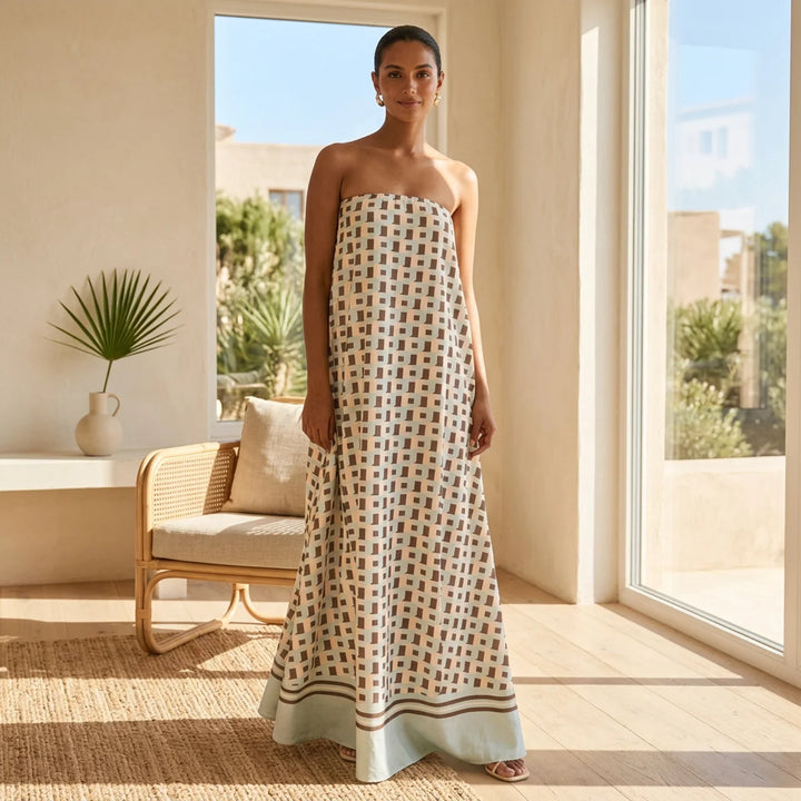 Isadora™ Exclusive Geometric Print Off-Shoulder A-Line Maxi Dress
