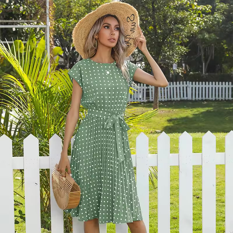 Avelina – Polka Dot Pleated Midi Dress