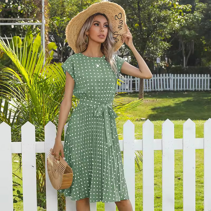 Avelina – Polka Dot Pleated Midi Dress