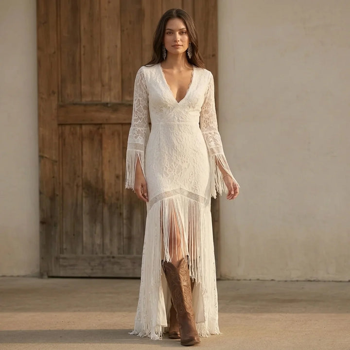 Sienna - Boho Lace V-Neck Tassel Maxi Dress