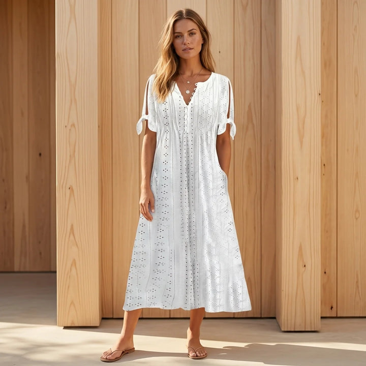 Eliana - V-Neck Lace Trim Knee-Length Dress