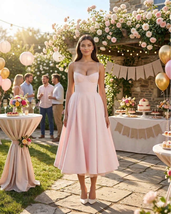 Evangeline | Blush Pink Midi Dress with Tulle Layers and Secret Pockets