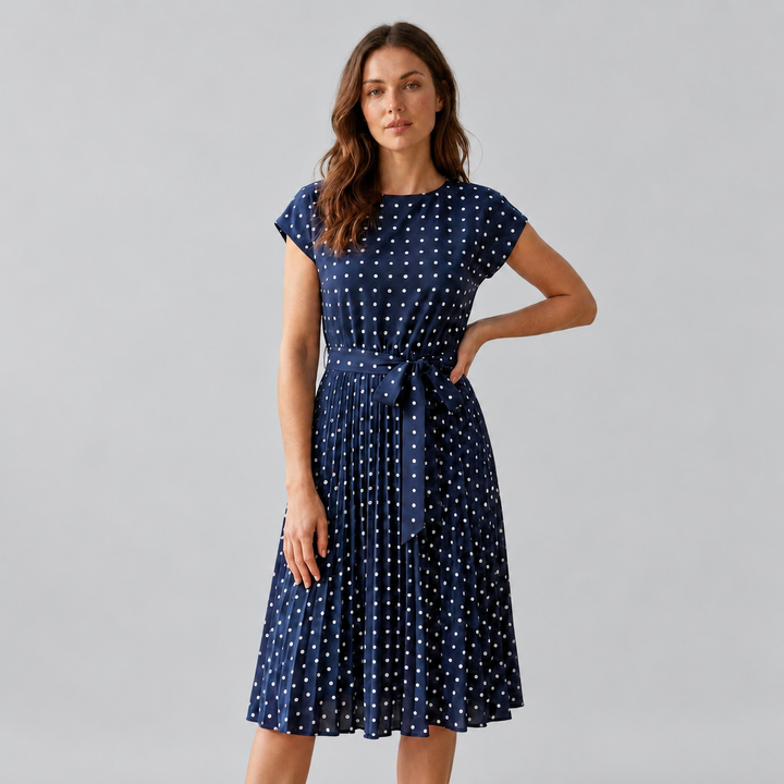 Avelina – Polka Dot Pleated Midi Dress