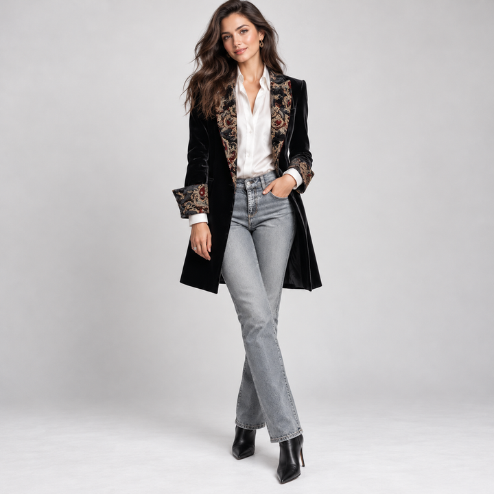 Felicity – Elegant Black Blazer with Baroque Print